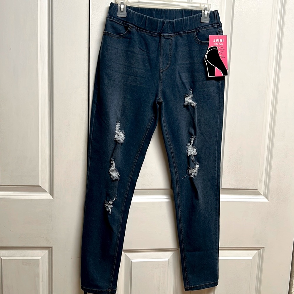 JVINI Blue Denim Mid Rise Stretch Ponte Distressed Crop Jeans Size M NWT